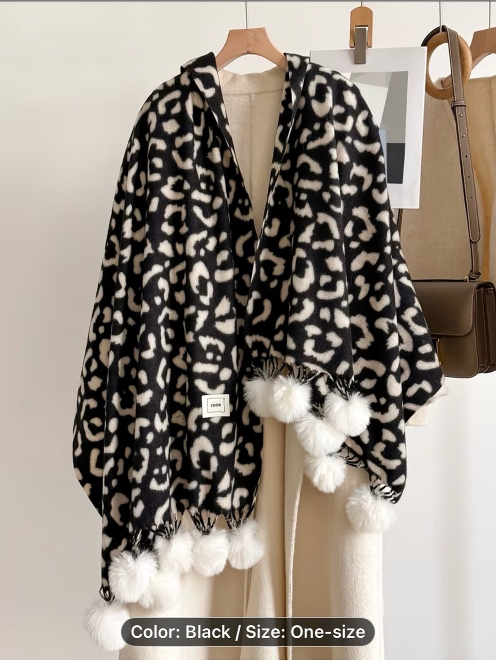 Black & White Hooded Pom-Pom Shawl